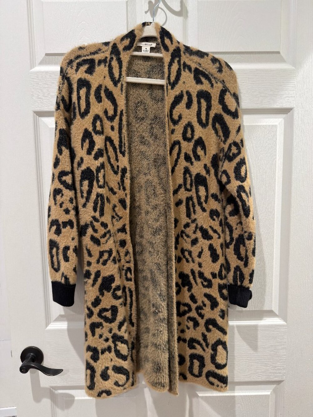 Westbound Leopard Fuzzy Longline Duster Cardigan Tan Black Size M